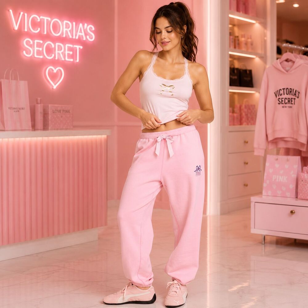 VICTORIA'S SECRET LOVESHACKFANCY Women LARGE New Jogger Sweatpants Pink Bow Logo